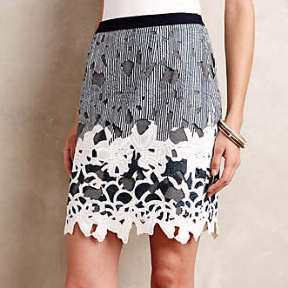 Anthropologie Garden Glimpse Skirt in Blue Motif Scalloped Hem